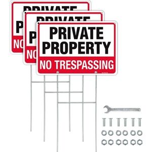 No Trespassing Private Property Sign with H Stake for Outside, 3 Pk, 12"x8" .040